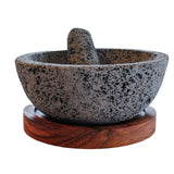 Molcajete tazón de piedra volcánica de 21cm con base de madera parota