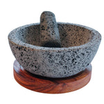 Molcajete tazón de piedra volcánica de 21cm con base de madera parota