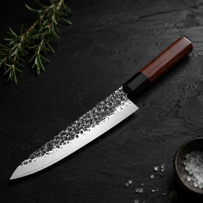 Cuchillo chef gyuto de acero martillado MenCity, acabado tsuchime forjado a mano y mango octagonal, toma de estudio fondo oscuro - detalle premium