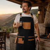 Mandil Parrillero Gabardina y Piel MenCity - hombre en terraza casa de campo con vista a la montana al atardecer