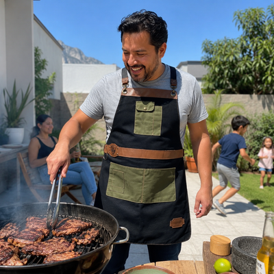 Mandil Parrillero Artesanal de Gabardina MenCity - padre asando carne con familia en patio Monterrey con vista al cerro