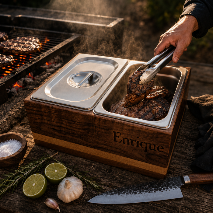 Grillbox Doble MenCity con carne asada en charola de acero y vapor, mantiene la carne caliente recien salida del asador - producto en uso