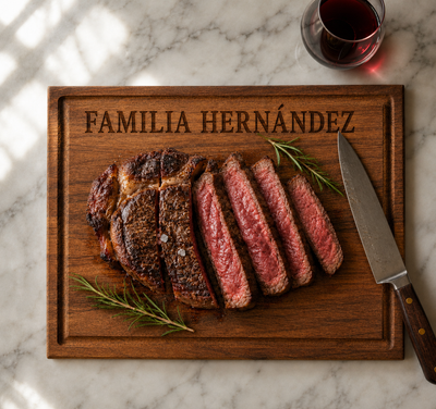 Tabla Tzalam personalizada con grabado laser FAMILIA HERNANDEZ - corte de ribeye y romero MenCity