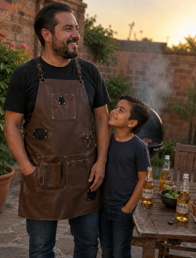 Padre e hijo en patio mexicano usando Mandil Parrillero Artesanal de Piel Cafe MenCity - regalo Dia del Padre