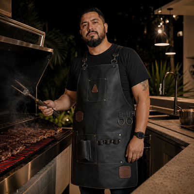 Mandil Parrillero Artesanal de Piel Negro Premium MenCity - chef profesional asando en cocina exterior moderna nocturna