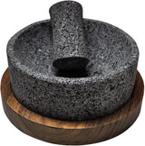 Molcajete de Piedra Volcánica Chilmamolli Grande de 20 cm con Madera Parota y Tejolote