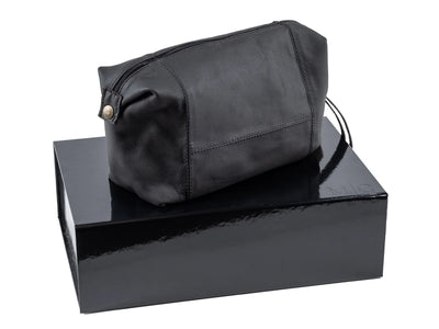 Necessaire de Piel Auténtica Doble Cierre Negro - vista frontal con caja de regalo MenCity