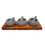 Set de 3 salseros de molcajete redondo con base de Madera Parota y Tejolote