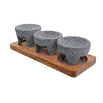 Set de 3 salseros de molcajete tradicional con base de Madera Parota