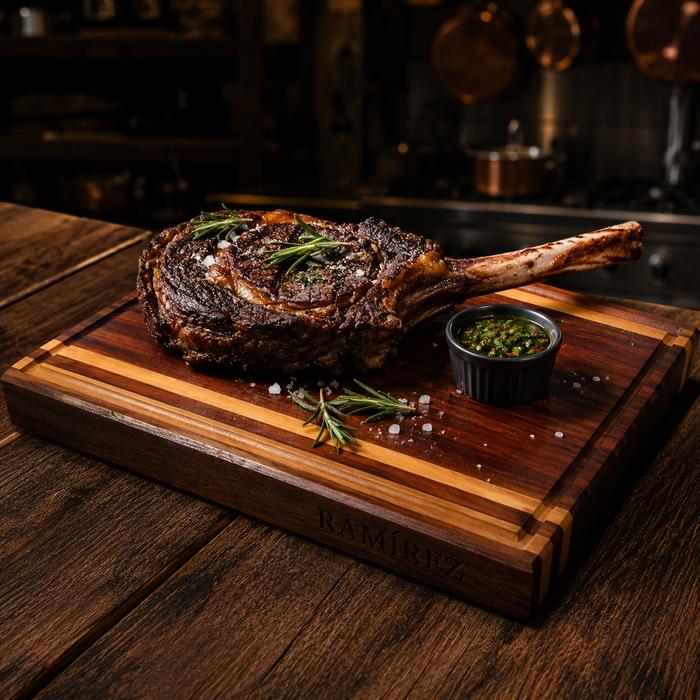 Tabla Gruesa Tzalam Doble Franja Haya MenCity con corte tomahawk perfectamente seared y chimichurri - personalizada RAMIREZ steakhouse profesional